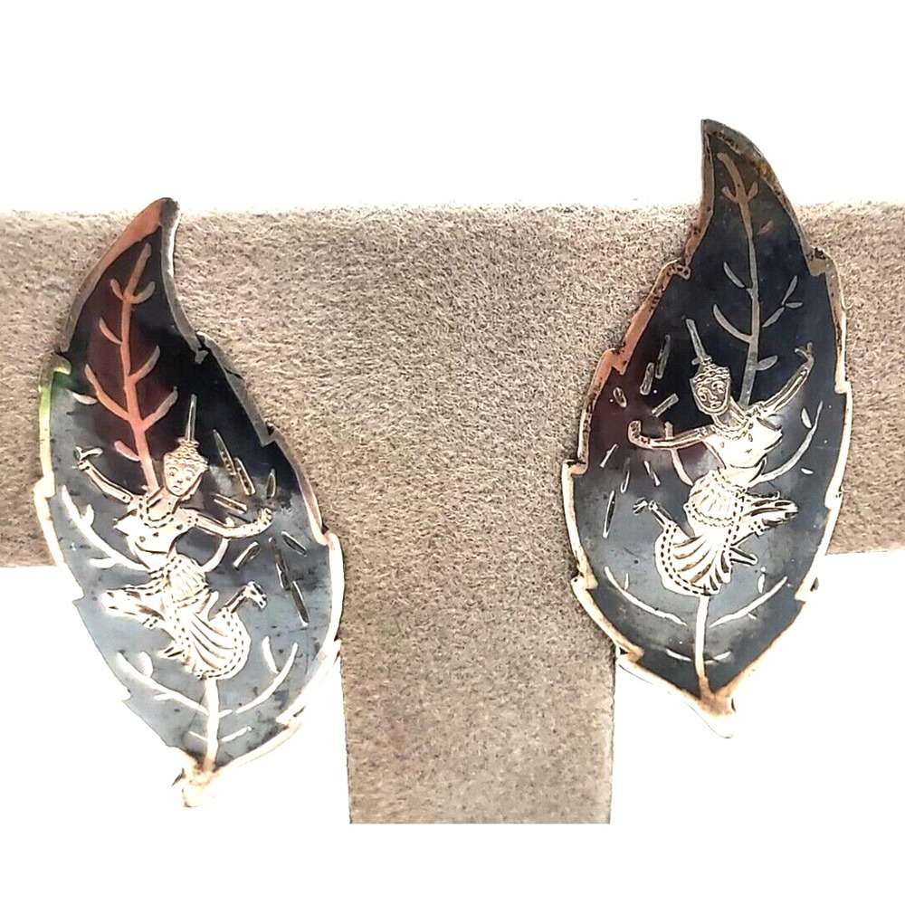 Earrings Sterling Niello Leaf Design Clips VINTAGE
